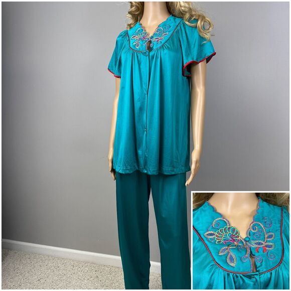 Vintage Vanity Fair Medium Lounge Set Quilted Yoke Teal Pajama Top Pants Nylon - Picture 1 of 16